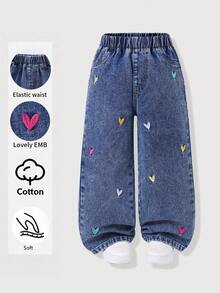 SHEIN Young Girls Loose Straight Leg Denim Pants, Elastic Waistband For Comfortable Wear, Dark Blue Washed Denim With Colorful Heart Embroidery, Can Be Paired With T-Shirt Or Shirt, Suitable For Casual, School Or Outdoor Scenes - Dark Wash - View 1