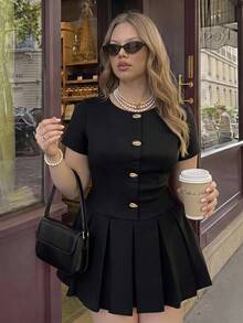 SHEIN MOD Plus Size Pleated Mini Short Sleeve Dress Formal Black Summer Elegant - Black - View 1