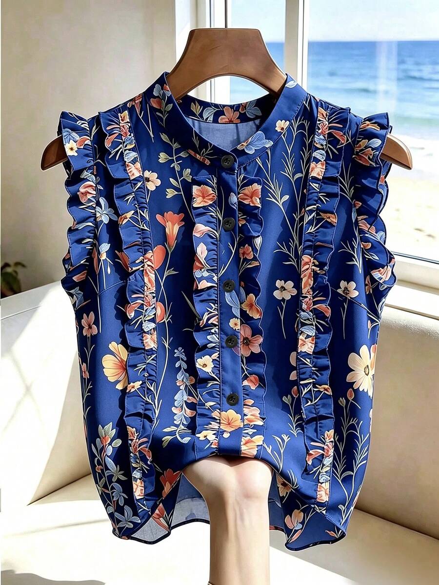 SHEIN Franclia 法式復古花卉印花單排扣荷葉邊飾襯衫,適合戶外活動與生日慶祝 - 寶藍色 - 查看 1