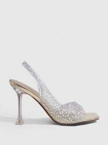 CUCCOO SZL Sandalias de tacón alto con tiras traseras y punta abierta con strass transparente para mujer - Dorado - Ver 2