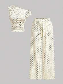 Skyraze Women's Polka Dot Pattern Asymmetrical Shoulder Ruched Top And Pants Fashion Set - Apricot - View 4