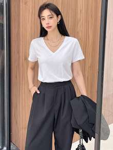 Livesso Women's Solid Color V-Neck Short Sleeve Casual Loose T-Shirt,Business Casual Women Preppy Tops - White - View 15