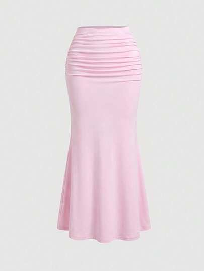 Sweetra Women's Solid Color Ruched Mermaid Hem Skirt