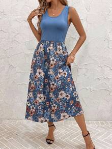 SHEIN Clasi 女款夏季休閒波西米亞風花卉印花拼接中長洋裝 鄉村風休閒度假洋裝 藍色花卉 - 彩色 - 查看 6
