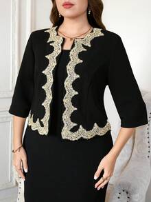 Ellevyn Fashion Elegant Lace Decor Top Dress 2 Pieces Set Plus Size Cocktail Gym Brown Autumn Fall - Black - View 5