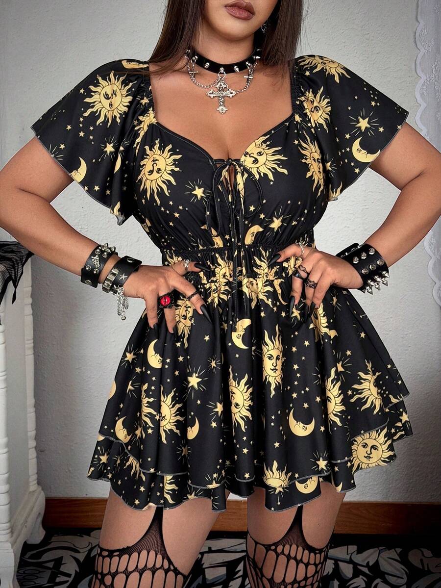 Whyspr Plus Size Sun & Moon Print Dark Elastic Waist Double Layer Romper - Multicolor - View 1