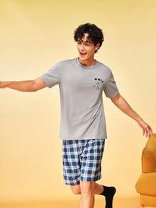 SHEIN Thin Short Sleeve Men's Casual Minimalist Loungewear Set - Grey - View 3