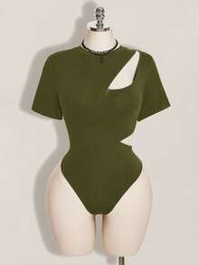 SHEIN ICON 女款大尺碼純色鏤空休閒百搭日常穿著連身衣 - 軍綠色 - 查看 4