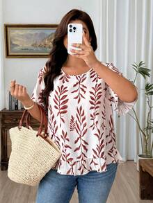 Weeklong Plus Size Women's Vacation Botanical Print Round Neck Short Sleeve Casual Shirt - Khaki - View 5