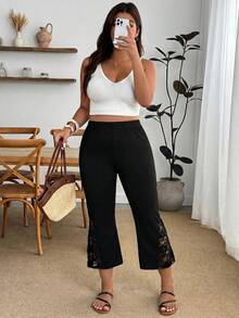 Enliva Plus-Size Summer Casual Stretch Flared Pants, Cropped Pants, Lace-Trimmed Flared Pants, For Apple And Rounded Body Shape - Black - View 4