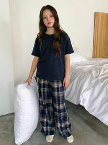 DAZY 青少年女孩格紋長袖T恤與寬鬆直筒長褲休閒睡衣夏季款 - 藏蓝色 - 查看 5