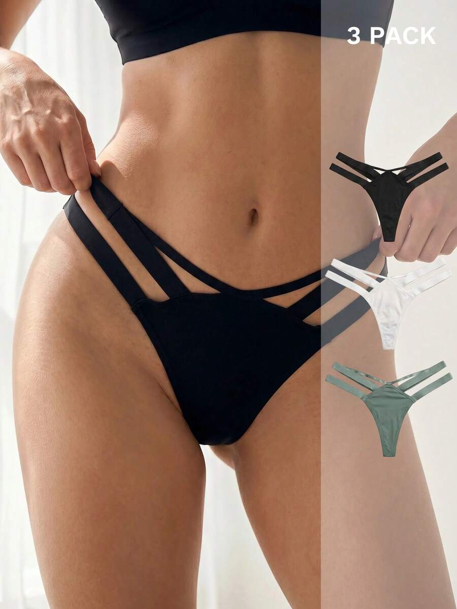 Liftille 3pcs/Set Women Solid Color Hollow Sexy Minimalist Design Thong Panties - Multicolor - View 1
