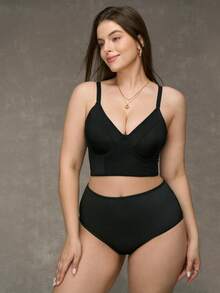 SHEIN Juego De Sujetador Y Camiseta De Tirantes Con Aros De Talla Grande Y Color Sólido - Negro - Ver 7