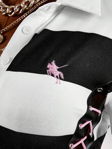 Amplova POLO Collar Pony Logo Split Tie Design Back To School Street Style Women's Mini Vintage Dress - Black and White - View 5
