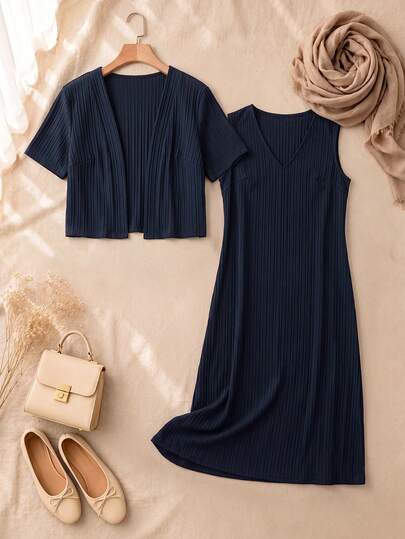 Rusticease Women's Summer Casual Solid Color Top & Dress Set