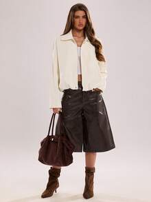 SHEIN BAE 女款時尚素色鈕扣與拉鍊門襟長袖夾克 - 白色 - 查看 1