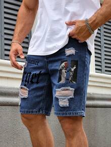 Manfinity Roughcore Men's Plus Size Letter Graphic Distressed Casual Denim Shorts - Dark Wash - View 4