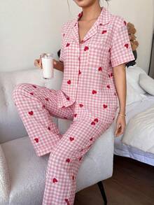 SHEIN 格紋愛心印花翻領短袖長褲女款睡衣套裝 - 彩色 - 查看 7