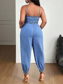 Slaydiva Plus Size Women's Pleated Pocket Casual Strappy Denim Jumpsuit - Blue - View 2