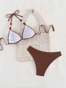 Swim Lushoire Swim Vcay-D 女款純色細肩帶串珠裝飾綁背三角比基尼兩件式泳衣 - 咖啡棕 - 查看 2