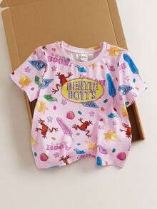 HARRY POTTER X SHEIN Young Girl Round Neck Letter Cartoon Print Casual Daily Short Sleeve T-Shirt - Pink - View 3