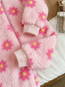 SHEIN LMoss Kids 新生女嬰可愛秋冬款毛茸茸花卉圖案長袖連帽連身衣 - 彩色 - 查看 7