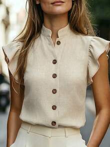 SHEIN Women's Solid Color Button-Up Blouse With Flutter Sleeves And Small Stand Collar, Elegant Fashion Versatile Vacation Date Summer 2026 New Top Shirt Khaki Daily Commute With Wooden Buttons - Khaki - View 1