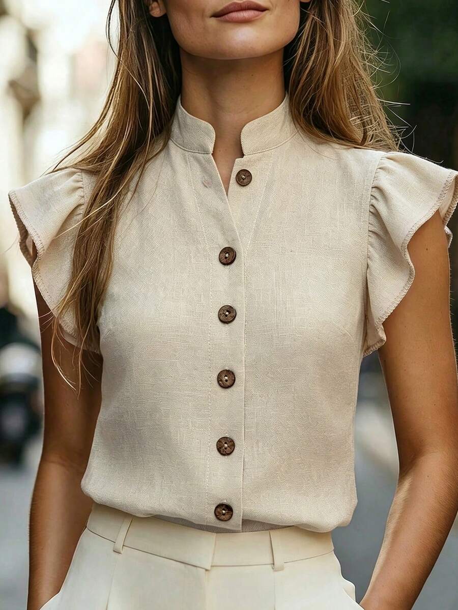 SHEIN Women's Solid Color Button-Up Blouse With Flutter Sleeves And Small Stand Collar, Elegant Fashion Versatile Vacation Date Summer 2026 New Top Shirt Khaki Daily Commute With Wooden Buttons - Khaki - View 1