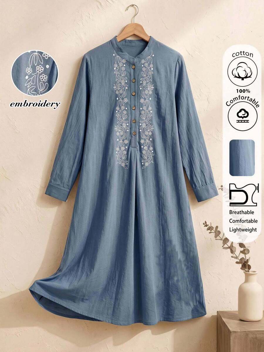 Rusticease Elegant Autumn Outfit For Women Dress Cotton Floral Pattern Long Sleeve Casual Modest Boho Embroidered White And Blue Floral Fall Decor - Blue - View 1