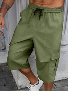 Manfinity Homme Plus Size Men's Drawstring Waist Solid Color Casual Versatile Daily Wear Cargo 3/4 Pants - Army Green - View 5