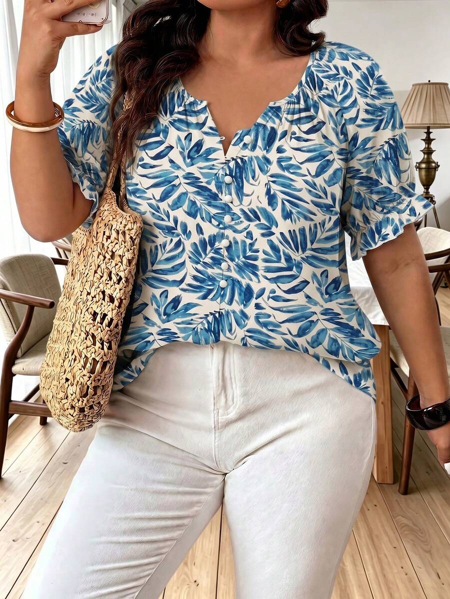 Ceyna Plus Size Women's French Minimalist Casual Ditsy Floral Short Sleeve Shirt, Summer - Blue - View 1