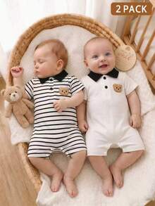 SHEIN 2piezas/Set Mono Infantil Casual Lindo con Cuello de Botones, Manga Corta, Estampado y Bloques de Color a Rayas - Blanco y Negro - Ver 4