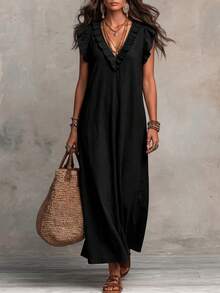 Hotletica Women's Solid Color Ruffle Hem Premium Texture Linen Casual Dress - Black - View 5