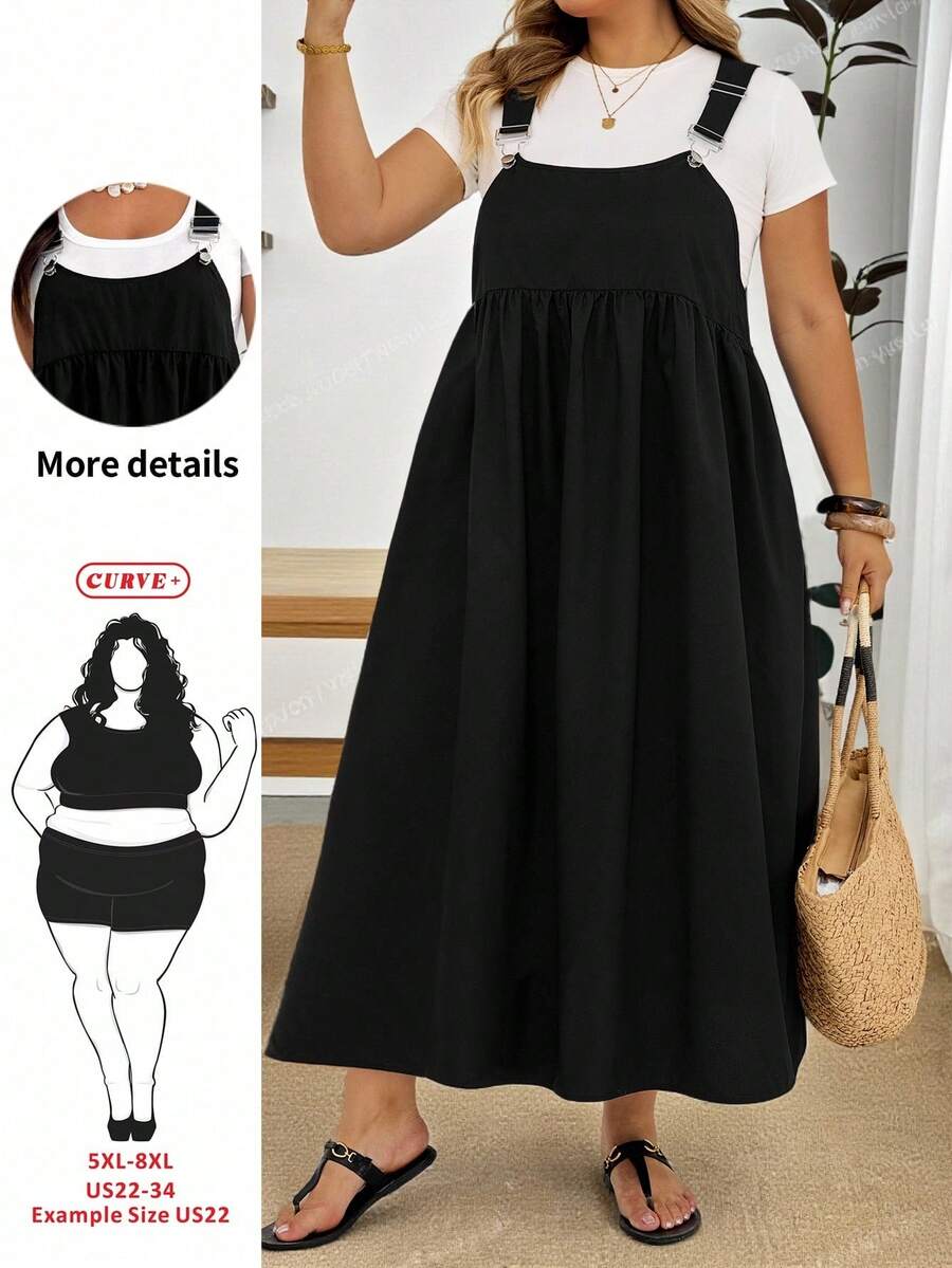 SHEIN CURVE+ 大尺碼夏季休閒純色細肩帶洋裝 - 彩色 - 查看 1