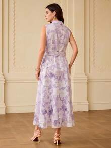 ZEYLAH Elegant Romantic Fitted Waist A-Line Jacquard Fabric Dress, Spring/Summer Wedding Holiday Party White Floral - Purple - View 6