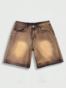 Manfinity Roghcode Shorts de pierna ancha sueltos de denim lavado desgastado color arcilla amarillo vintage para hombres - Azul lavado medio - Ver 4