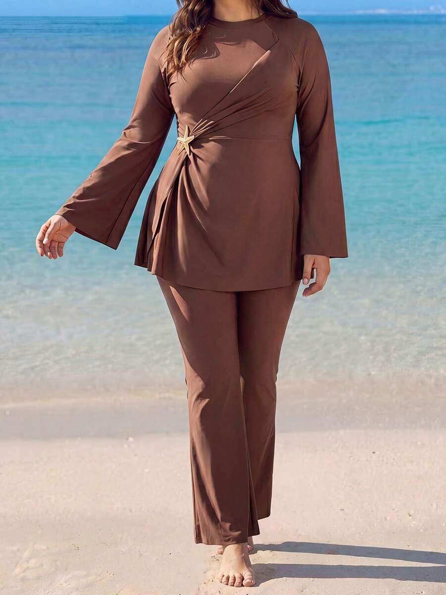 Swim Mulvari Plus Size 2pcs Set Solid Color Knit Fabric Long Sleeve Top With Star Metal Decoration On Waist Side, Long Flare Pants, Flattering And Slimming Middle Eastern Burkini - Brown - View 1