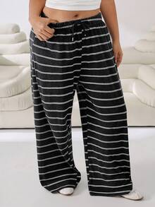 Solflare Plus Size Women's Spring Summer Autumn Casual Vacation Daily Commute Color Block Striped Print Drawstring Waist Loose Wide Leg Long Pants - Multicolor - View 4