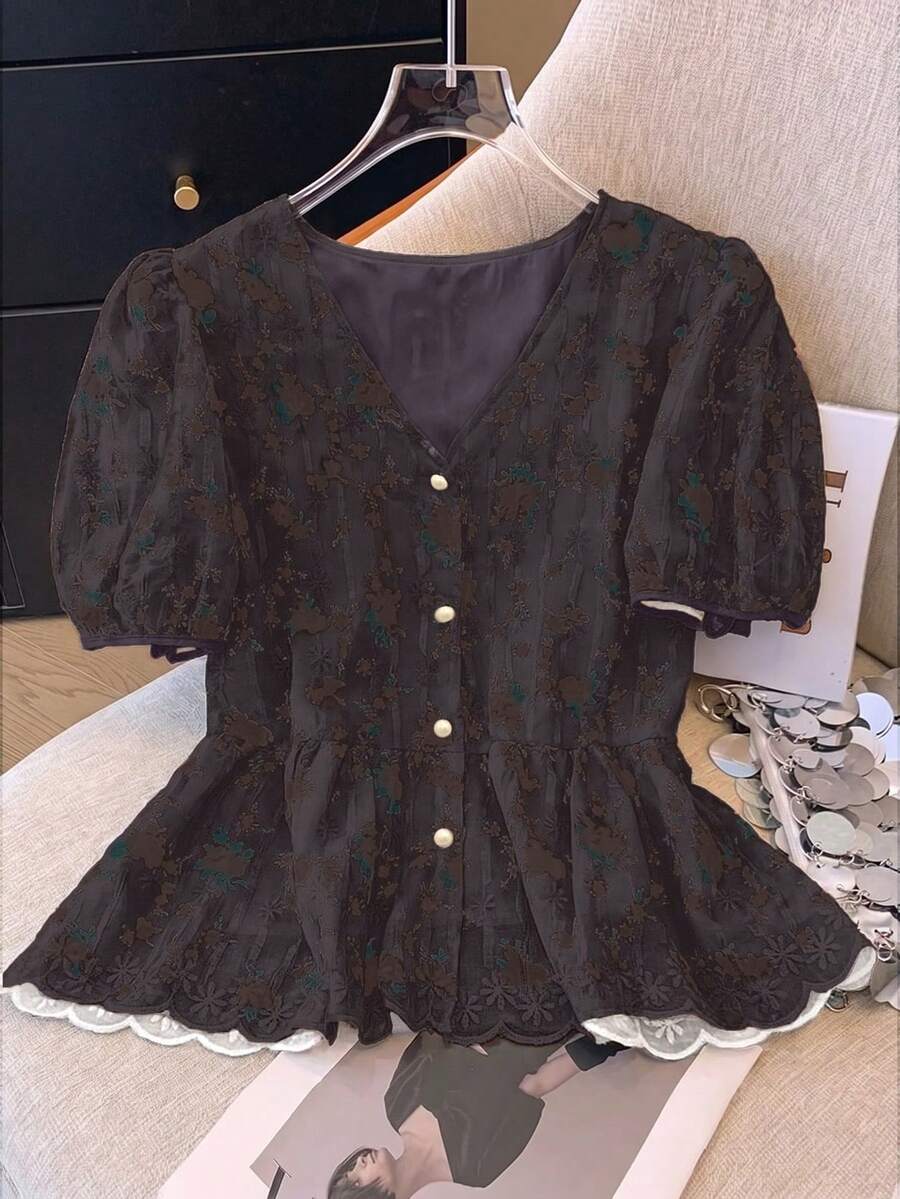 Franclia 女款法式甜美刺繡V領短袖襯衫 - 深灰色 - 查看 1
