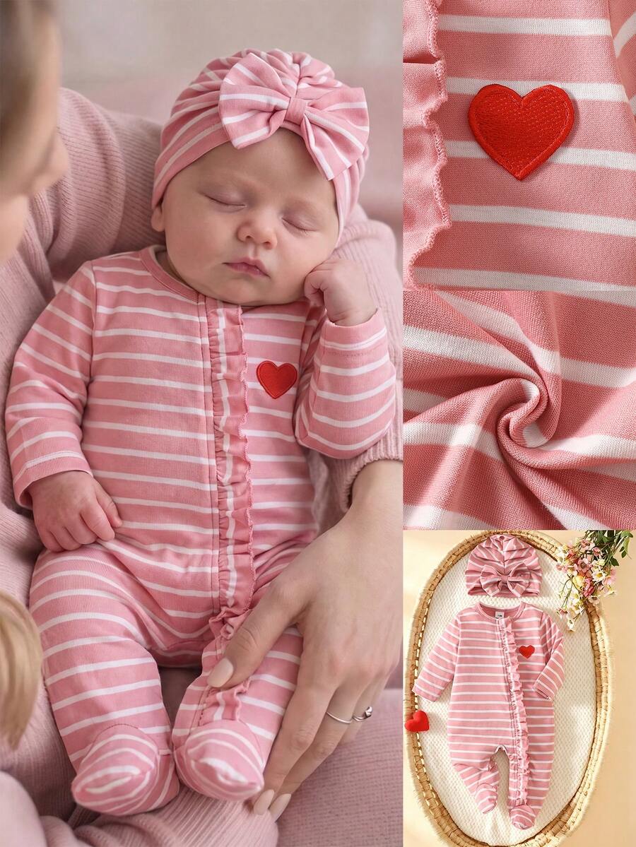 SHEIN 秋冬新生兒條紋愛心可愛嬰兒連身衣連身褲 + 帽子 - 粉色 - 查看 1