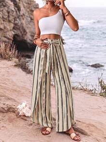 SHEIN Holidaya 女款時尚塗鴉條紋腰部休閒夏季度假居家日常穿著海灘外出時尚設計抽繩側開衩寬腿長褲 - 杏色 - 查看 3