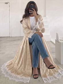 Yasmyna Abaya árabe para mujer color albaricoque tejida con estampado de leopardo, manga larga, ribete de encaje, conservadora, elegante y romántica - Albaricoque - Ver 3