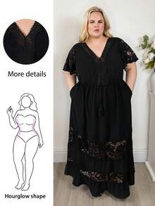 Hourglow Plus Size Elegant Lace Patchwork V-Neck Bohemian Style Dress Black, For Hourglass Body Shape - Black - View 1