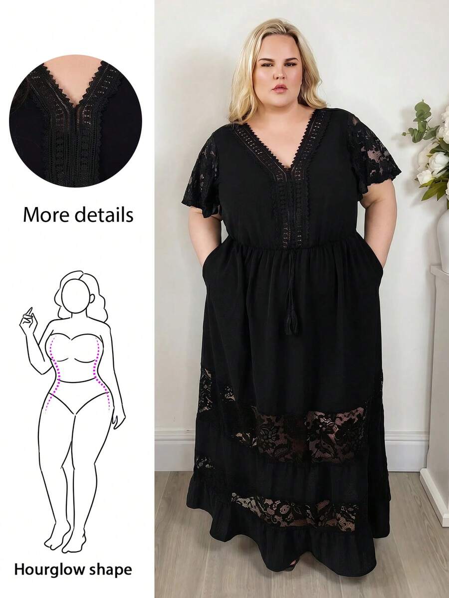 Hourglow Plus Size Elegant Lace Patchwork V-Neck Bohemian Style Dress Black, For Hourglass Body Shape - Black - View 1