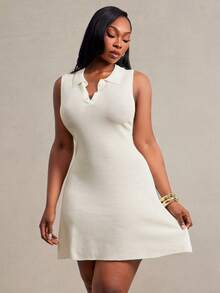 Radiana Plus Size Women's Autumn Fashion Casual Sexy Elegant Minimalist Basic French Style Polo Collar A-Line Knit Mini Sweater Dress Beige - Apricot - View 8