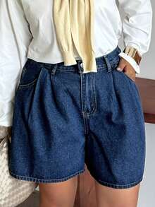Dazy Plus Dark Wash Blue A-Line Wide Leg Denim Shorts, Solid Color, Plus Size Women's Spring Summer Casual Denim Shorts For Girls - Dark Wash - View 6