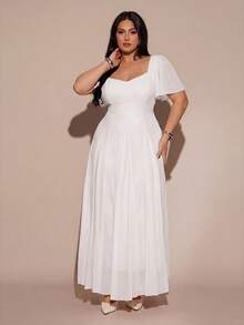 SHEIN BAE 大尺碼女款純色心形領荷葉邊短袖優雅洋裝 - 白色 - 查看 6