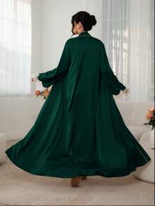 Al Najma Contrast Color Placket With Petal Decoration, Contrast Lace, Holiday Wear Arabic Long Robe - Dark Green - View 3