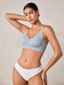 Veilyse 1 pièce Soutien-gorge sans fil amovible rembourré de couleur unie, soutien-gorge de sport sans couture délicat et respirant pour femmes - Bleu ciel - Voir 4