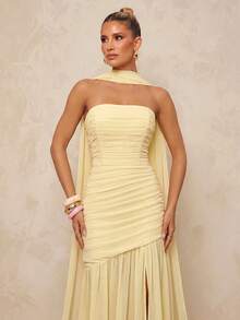 Lumalex Gaun Chiffon Musim Panas Elegan Warna Kuning Muda, Gaun Formal untuk Prom, Pernikahan, Pengiring Pengantin, Model Ekor Ikan, Leher Halter (Payet yang Dapat Dilepas), Bagian Dada Berkerut, Jaring Transparan - Kuning - View 7
